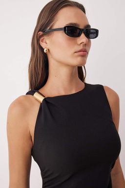 Siyah Aksesuar Detayl? Midi Dokuma Elbise TWOAW26EL00076