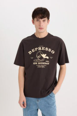 Boxy Fit Bisiklet Yaka Bask?l? K?sa Kollu Tisort