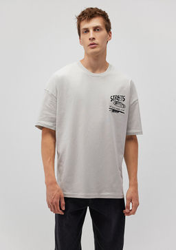 S?rt Bask?l? Gri Tisort - Mavi фото 3