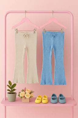 Mavi-Bej Pamuklu Yumusak Esnek 2li K?z Cocuk Duz Orme Tayt TKDAW26TA00005 - Trendyolmilla фото 3