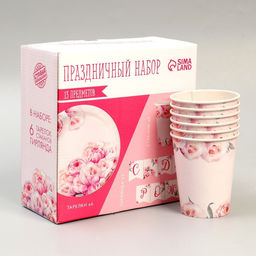 Посуда бумажная одноразовая «Нежные пионы», 6 тарелок, 6 стаканов, гирлянда