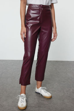 TRENDYOLMILLA Bordo Suni Deri Cigarette Pacas? Fermuarl? Dokuma Pantolon TWOAW25PL00049