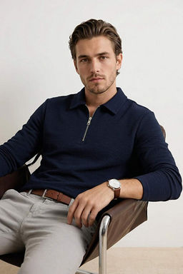 Lacivert Loose Fit Dokulu Fermuarl_ Uzun Kol Polo Yaka T-shirt TMNSS26PO00002