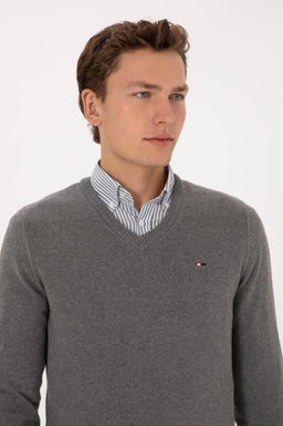 Erkek Slim Fit V Yaka Gri Melanj Basic Kazak - U.s. polo assn фото 2