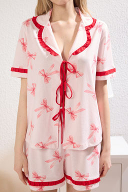 Trendyolmilla Pembe %100 Pamuklu Kurdele/Fiyonklu F?rf?rl? Sortlu Orme Pijama Tak?m? THMSS25PT00293 фото 10