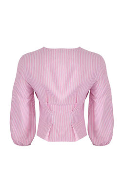 Trendyolmilla Mavi Kruvaze Cizgili Dokuma Bluz TWOSS25BZ00170 фото 7