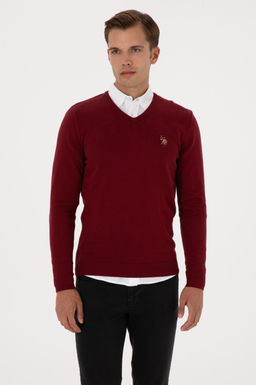 Erkek Slim Fit V Yaka Bordo Basic Kazak