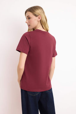 Bordo %100 Pamuk Regular/Normal Kal?p Cicek Nak?sl? Orme T-Shirt TWOSS25TS00028