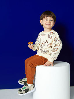 Bisiklet Yaka Bask?l? Erkek Bebek Sweatshirt ve Pantolon 2li Tak?m