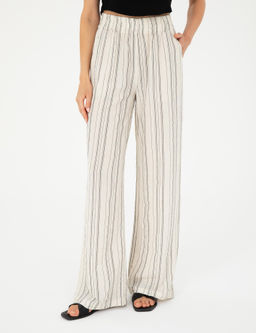Ekru Dokulu Y_ksek Bel Loose Fit Pantolon