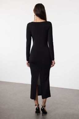 TRENDYOLMILLA Siyah Vucuda Oturan V Yaka Dokuma Elbise TPRAW25EL00164  фото 5