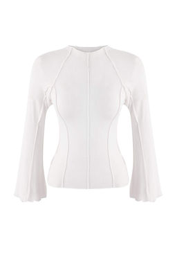 Ekru Fitted/Vucuda Oturan Dik Yaka Uzun Kollu Nervurlu Premium Yumusak Orme Bluz TWOSS26BZ00241