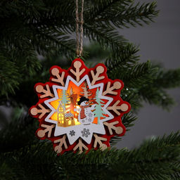 Ёлочная игрушка Снежинка со снеговиком, 10х10 см, 1 LED, от батареек, свечение тёплое белое