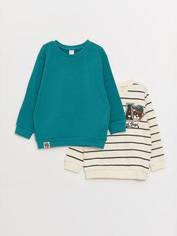 Bisiklet Yaka Bask?l? Uzun Kollu Erkek Bebek Sweatshirt 2li