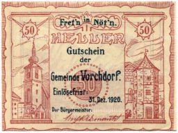 Банкнота 50 геллеров 1920 года Австрия  Форхдорф (нотгельд)