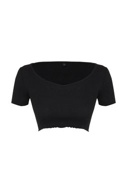 Siyah Havuz Yaka Baby Overlok Detayl? Crop Fitilli Esnek Orme Bluz TWOSS24BZ00197 - Trendyolmilla фото 7