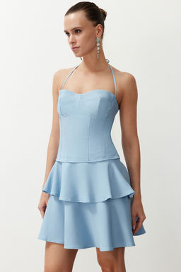 Ac?k Mavi A-Kesim Dokuma K?sa S?k Abiye Elbise TPRSS24EL00149