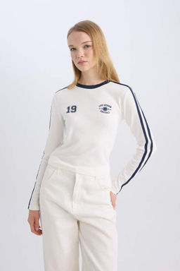 Женская белая классная футболка в рубчик с длинным рукавом с принтом - Defacto фото 4