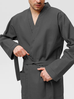 Мужской вафельный халат с планкой темно-серый В-03 (32)