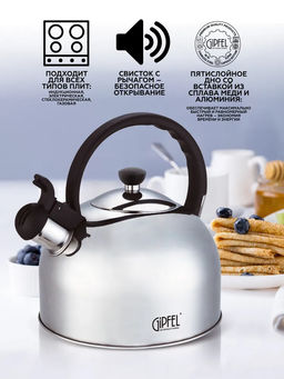 8645 GIPFEL Чайник для кипячения воды ESSEN 2.5л со свистком, с индукционным дном. Материал: нержавеющая сталь 18/10. Материал ручки: бакелит. Толщина: 0,4мм  фото 5