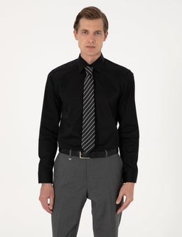Siyah %100 Pamuk Parlak Saten Slim Fit Uzun Kollu Basic G_mlek
