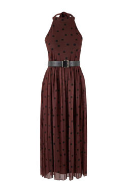 Kahverengi Puantiyeli Belden Ac?lan Boyundan Baglamal? Pliseli Maxi Tul Orme Elbise TWOSS26EL00031