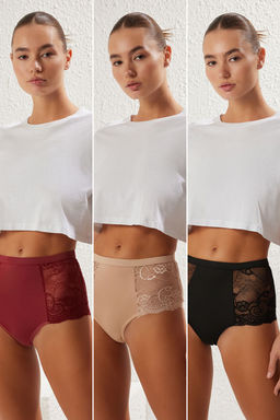 Trendyolmilla Siyah-Cok Renkli 3lu Paket Dantel Detayl? Hipster Orme Kulot THMSS25KU00023