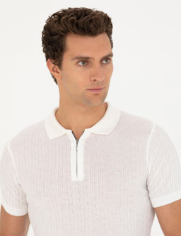 Beyaz Slim Fit Polo Yaka Triko T-Shirt