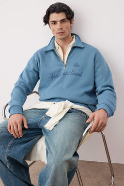 Mavi Oversize/Genis Kesim Polo Yaka Nak?sl? Kal?n Ici Sardonlu Sweatshirt TMNAW26SW00011