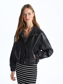 Dik Yaka Oversize Kad?n Bomber Deri G?r?n?ml? Mont