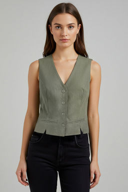 Ac?k Haki Fitted Keten Gorunumlu V Yaka Crop Dokuma Yelek TWOSS25YE00028