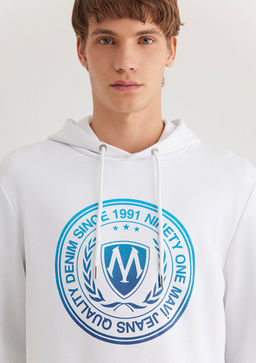 Muhur Logo Bask?l? Kapusonlu Beyaz Sweatshirt - Mavi фото 6