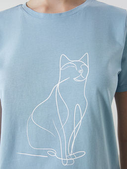 Bisiklet Yaka Bask?l? Penye Kad?n Ti??rt