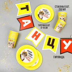 Посуда бумажная одноразовая «Интересные конкурсы», 6 тарелок, 6 стаканов, гирлянда
