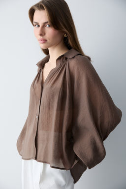 Kahverengi Ince Dokumlu Balon Kol Dokuma Gomlek TWOSS26GO00139 - Trendyolmilla фото 4