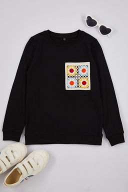 Siyah K?z Cocuk Bask?l? Pamuklu Orme Sweatshirt TKDAW25SW00011