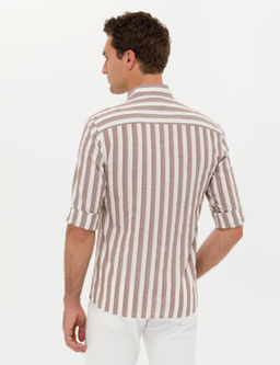 Коричневая приталенная рубашка в полоску с длинным рукавом - Cacharel фото 5