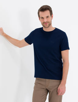 Lacivert Slim Fit Dokulu Bisiklet Yaka Ti__rt