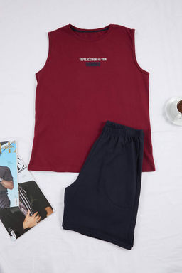 Bordo Regular/Normal Kesim Bask?l? Pamuklu Atlet-Sort Pijama Tak?m? TMNSS26PT00045