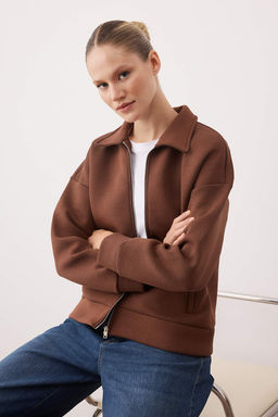 Kahverengi Fermuarl? Polo Yaka Oversize Kal?n Ici Polarl? Orme Sweatshirt TWOAW26SW00120