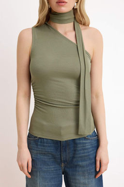 Haki Fitted/Vucuda Oturan Asimetrik Yaka Baglama Detayl? Yumusak Orme Bluz TWOSS26BZ00480