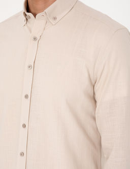 Bej Keten G_r_n_ml_ Slim Fit Uzun Kollu G_mlek