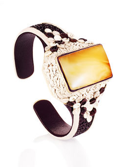 Роскошный браслет Нефертити из кожи и натурального цельного янтаря