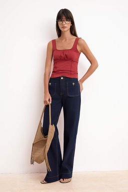 Kiremit Fitted/Vucuda Oturan Kare Yaka Kal?n Ask?l? Kolsuz Pamuklu Esnek Orme Atlet TWOSS26AL00030