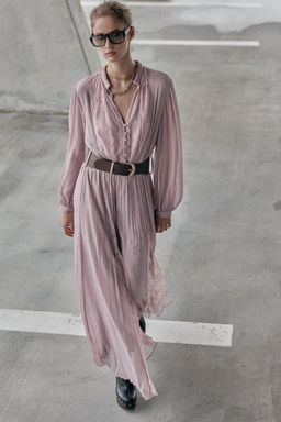 VESTIDO MIDI COMBINADO CINTUR?N / malva-sucio