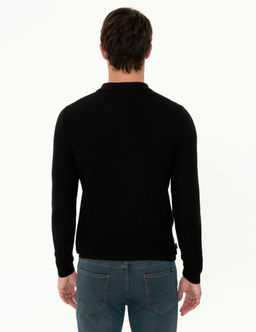 Siyah Slim Fit Fermuarl_ Polo Yaka Triko Kazak
