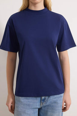 Lacivert-Gri Melanj 2li Paket %100 Pamuk Basic Dik Yaka Orme T-Shirt TWOSS20TS1500