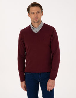 Koyu Bordo Slim Fit V Yaka Basic Triko Kazak - Pierre cardin фото 3