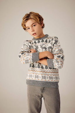 Свитер Mini Me с круглым вырезом в новогодней тематике для мальчика - Defacto фото 4