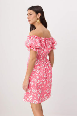 Pembe _i_ek Desenli Beli Lastikli Carmen Yaka K_sa / Mini Dokuma Elbise TWOSS26EL00936 - Trendyolmilla фото 4